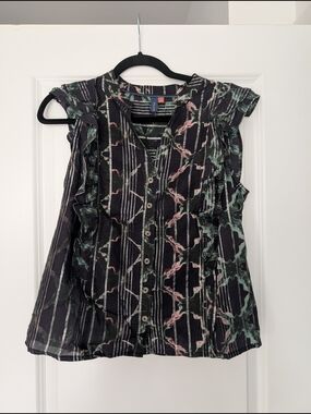 Rails Black Floral-Stripe Ruffle Button-Up Blouse